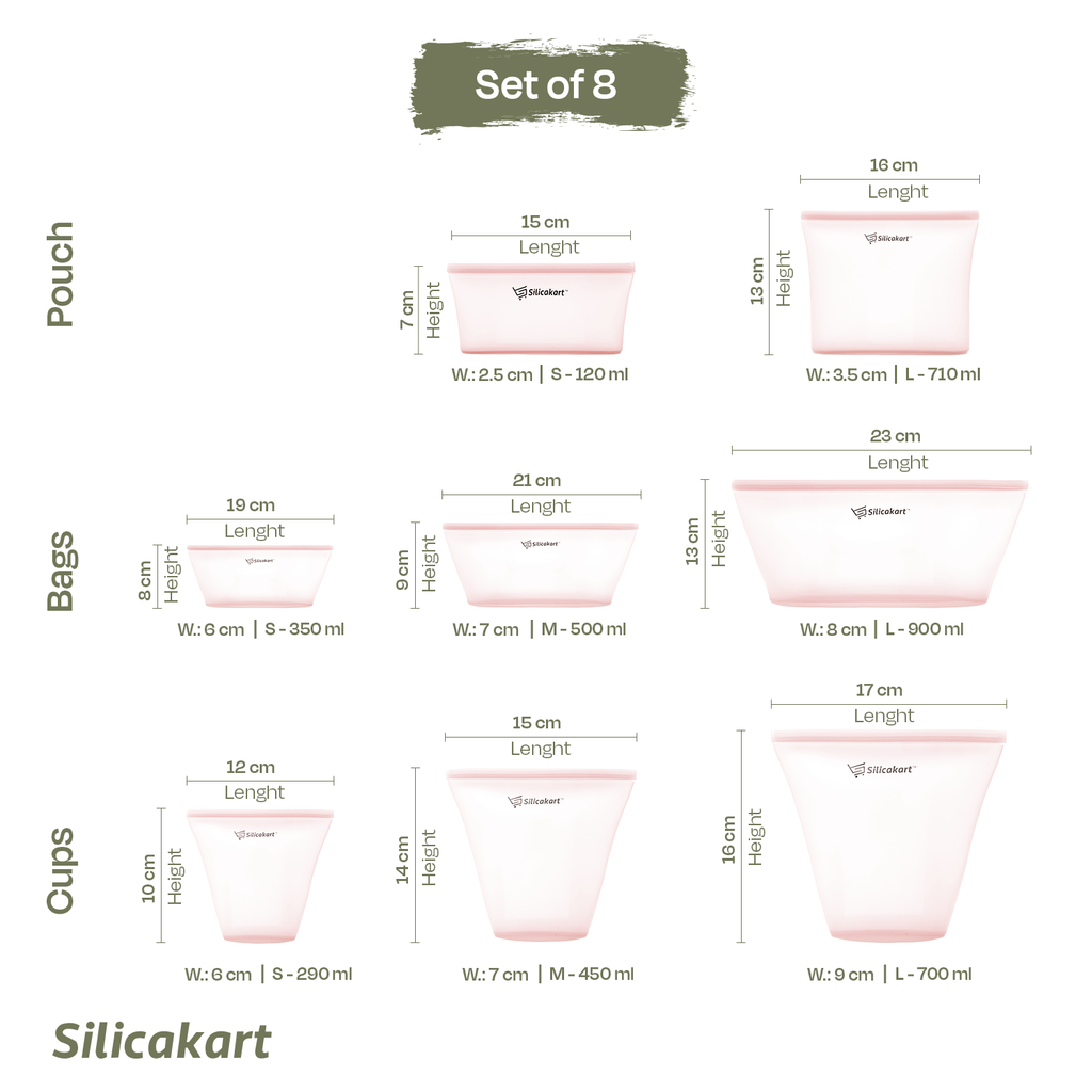 Silicakart Silicone Zip bag | Set of 8 (Pink)