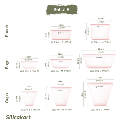 Silicakart Silicone Zip bag | Set of 8 (Pink)