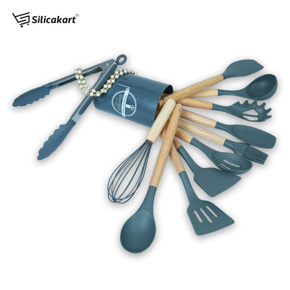 Silicone Kitchen Utensils Spoon Spatula Cooking 12 Pcs Set | Baking Set | Non-Stick with Wooden Handle- BPA Free, Heat Resistant Item Flexible Non Toxic Silicon Cookware Tools with Holder