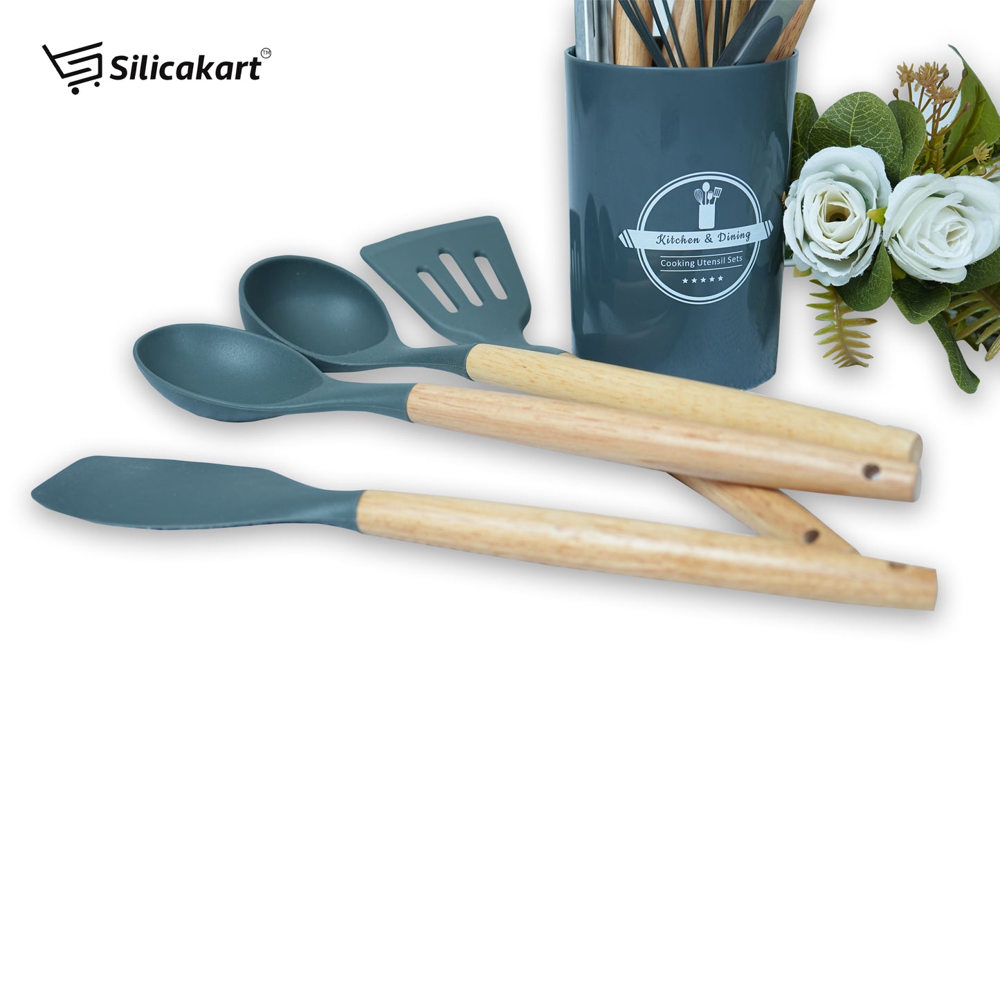 Silicone Kitchen Utensils Spoon Spatula Cooking 12 Pcs Set | Baking Set | Non-Stick with Wooden Handle- BPA Free, Heat Resistant Item Flexible Non Toxic Silicon Cookware Tools with Holder