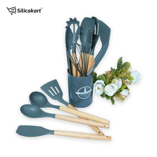 Silicone Kitchen Utensils Spoon Spatula Cooking 12 Pcs Set | Baking Set | Non-Stick with Wooden Handle- BPA Free, Heat Resistant Item Flexible Non Toxic Silicon Cookware Tools with Holder
